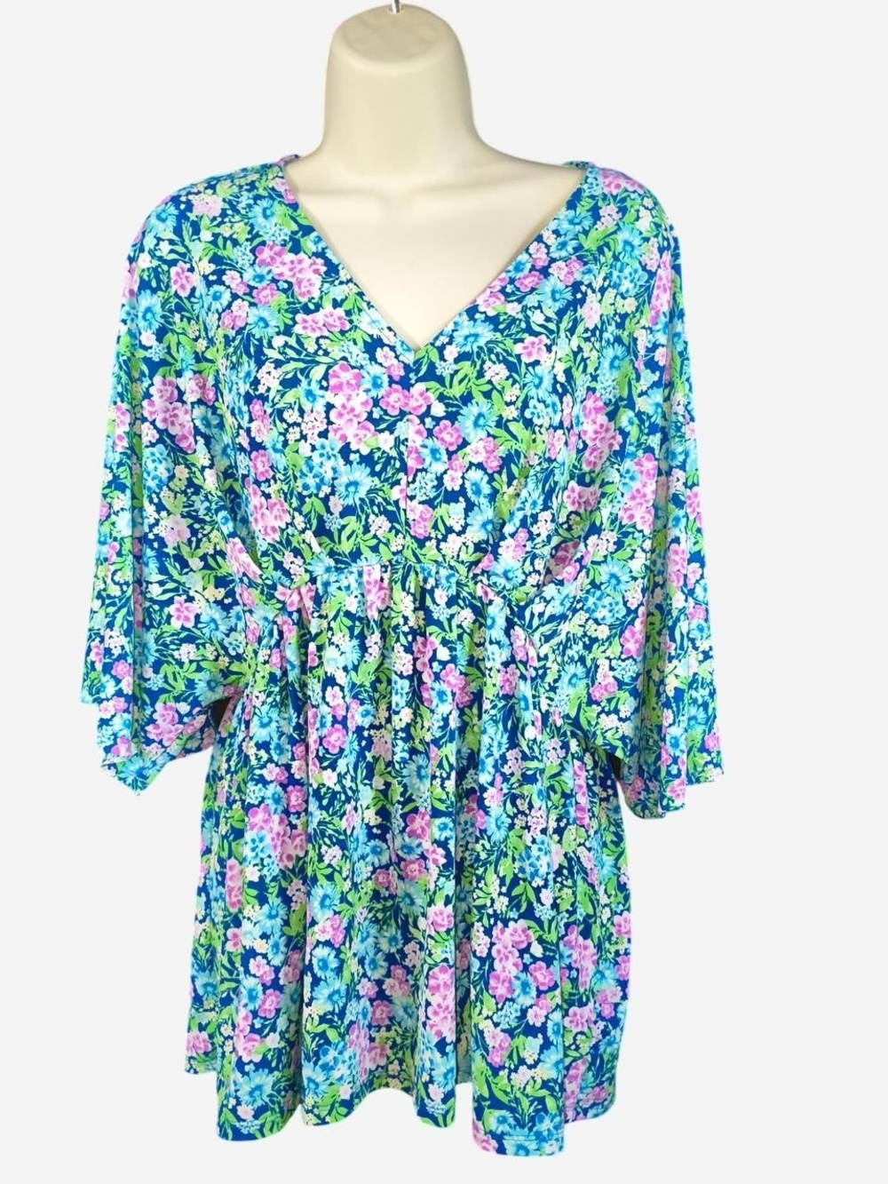 Floral V-Neck Blouse Tunic in Blue, Pink & Green